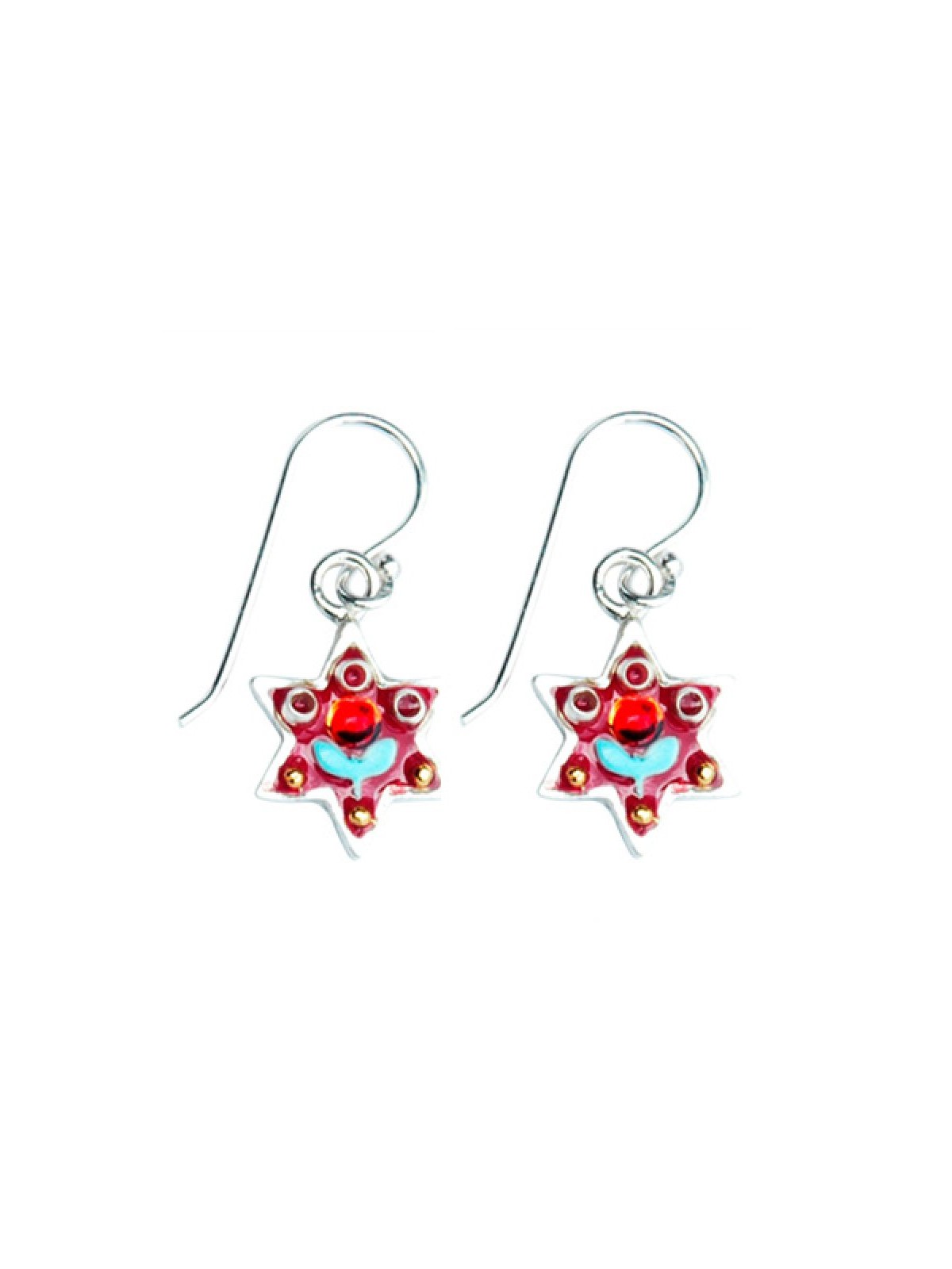 Silver Star of David Earrings with Red Flower by Ester S... | Earrings