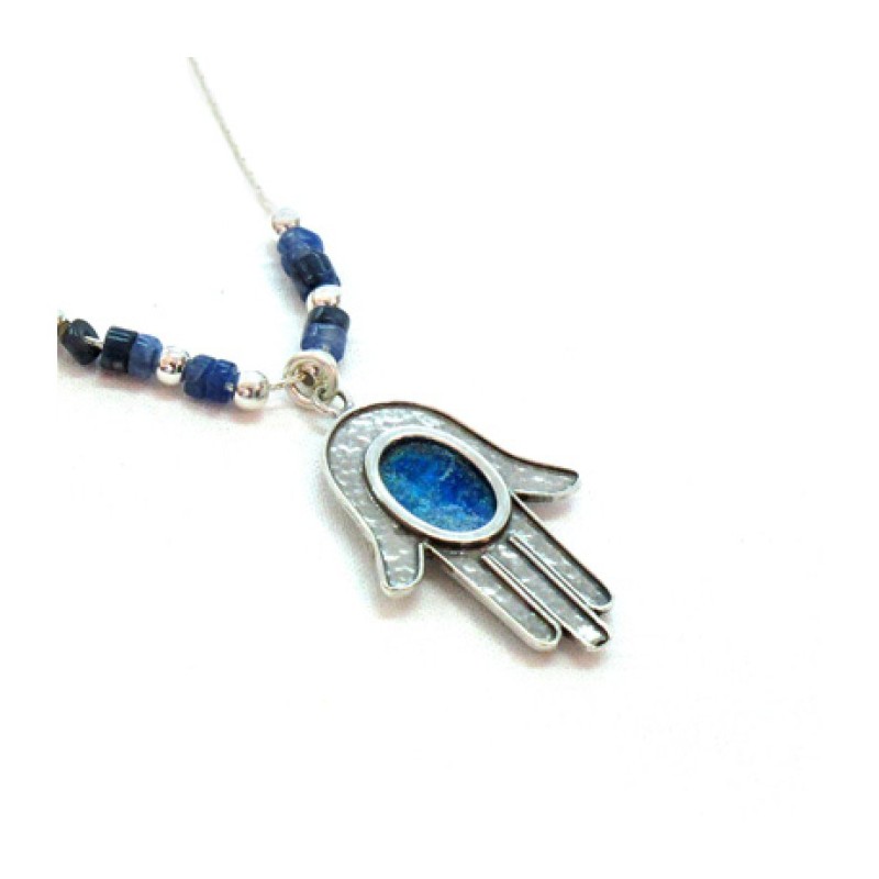 Michal Kirat Silver Hamsa with Roman Glass ... | Roman Glass Necklaces