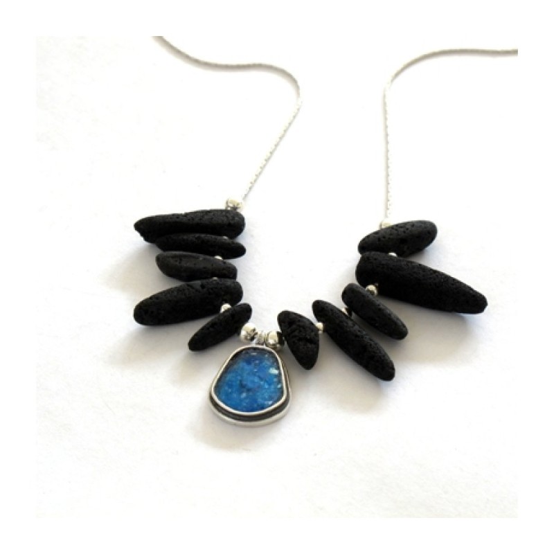 Michal Kirat Black Lava Beads Silver Neckla... | Roman Glass Necklaces