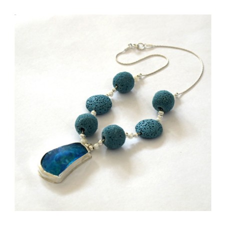 Michal Kirat Blue Lava Beads on Silver Neck... | Roman Glass Necklaces