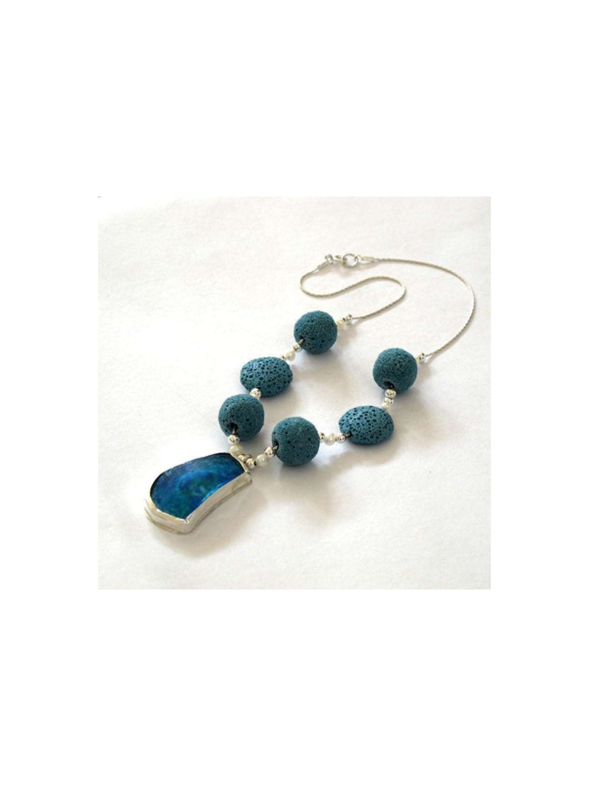 Michal Kirat Blue Lava Beads on Silver Neck... | Roman Glass Necklaces