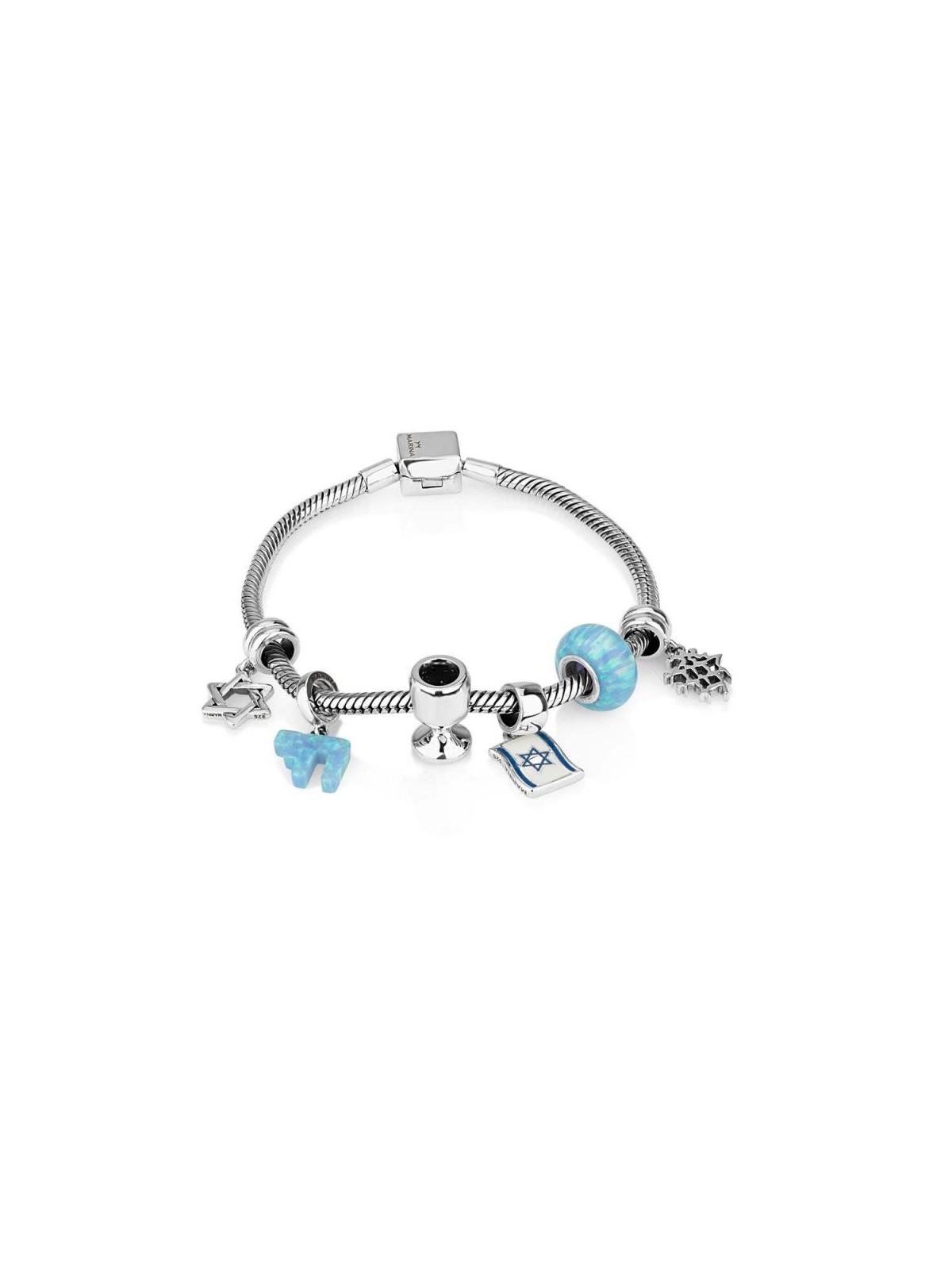 Silver Judaica Charm Bracelet with 6 Charms in Blue | Judaica Charms