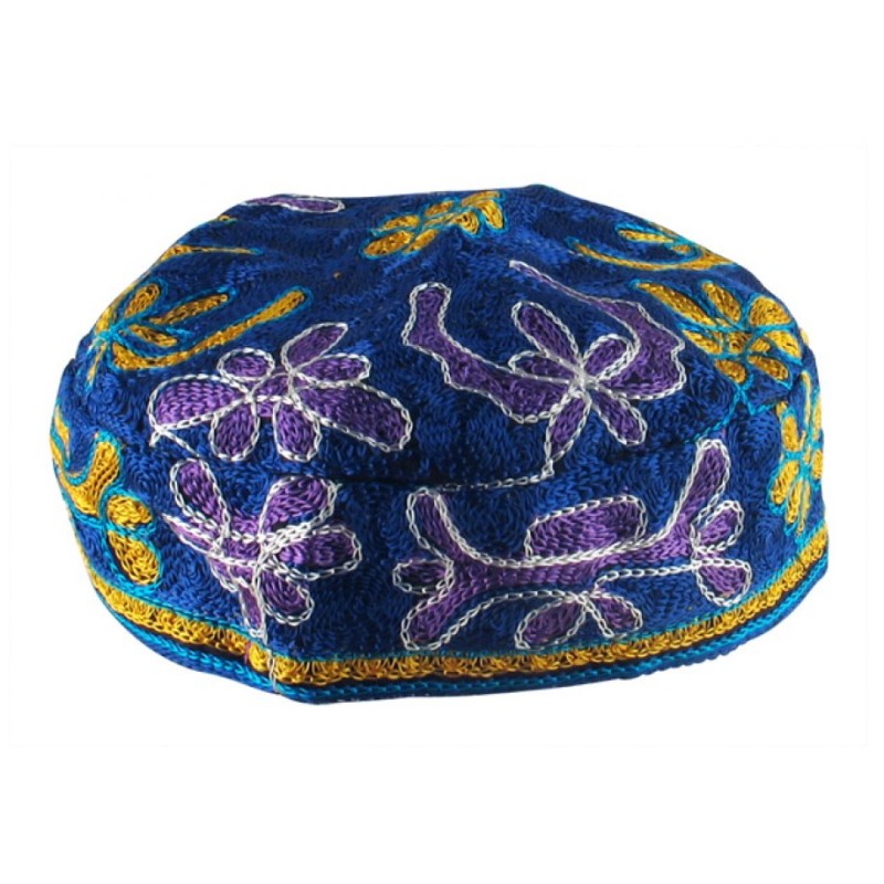 Blue Bucharian Hand Embroidered Kippah | Buchari Kippah