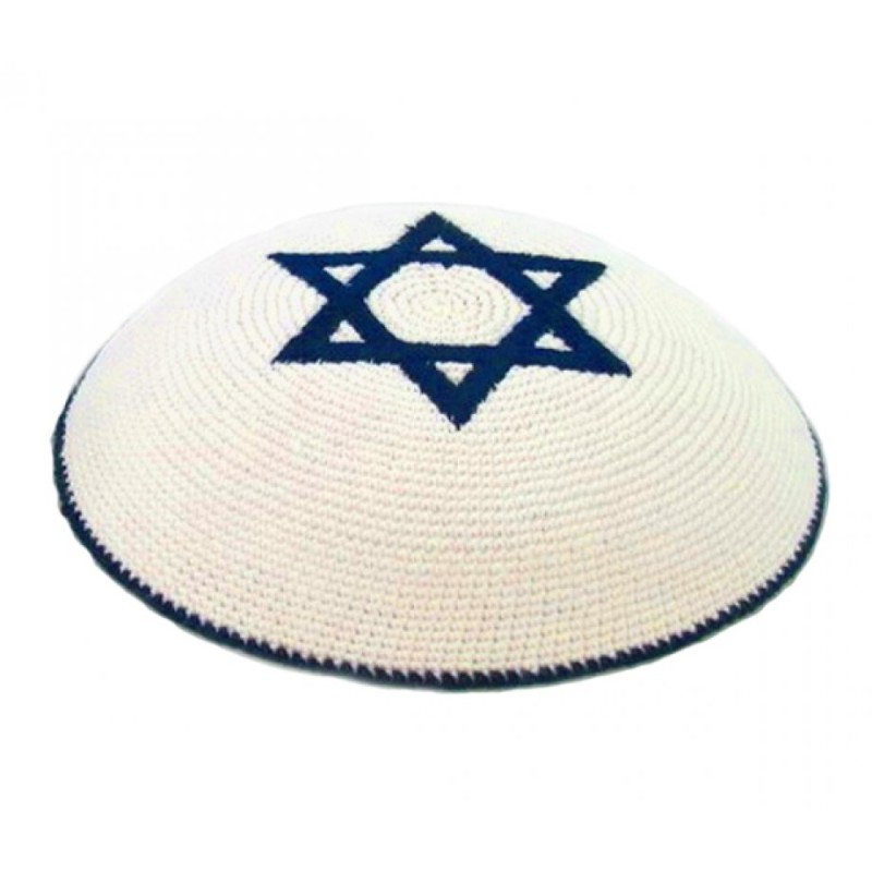 White Knitted Kippah with Dark Blue Star of David | Knitted Kippah