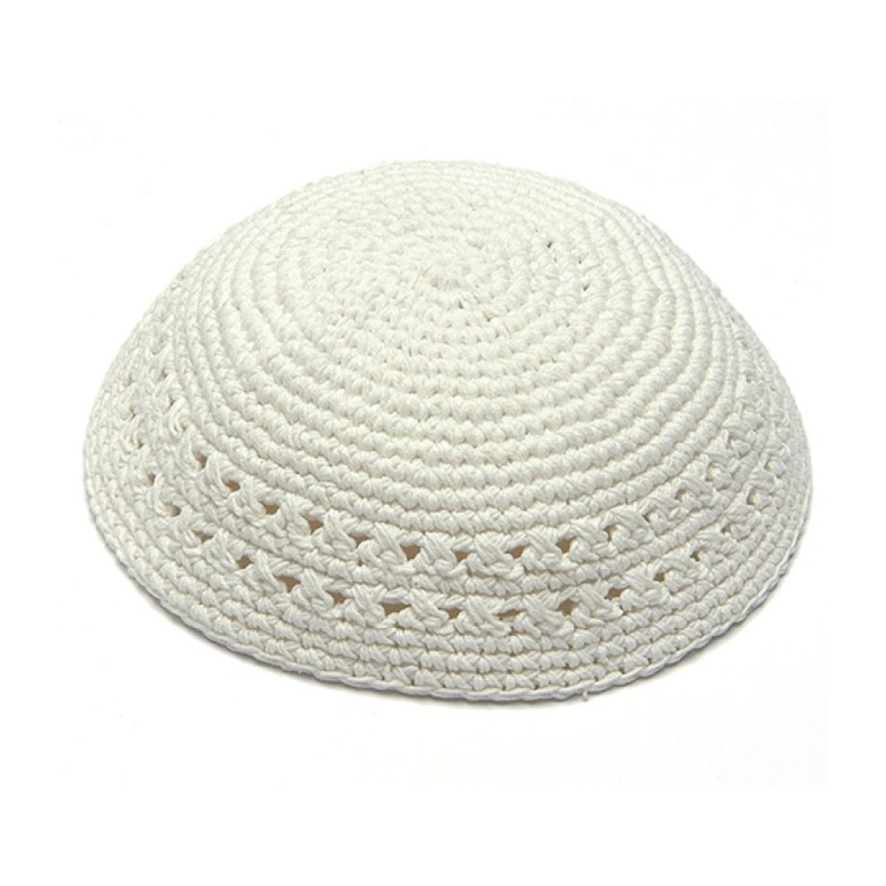Crocheted White Knitted Kippah with Border Design | Knitted Kippah