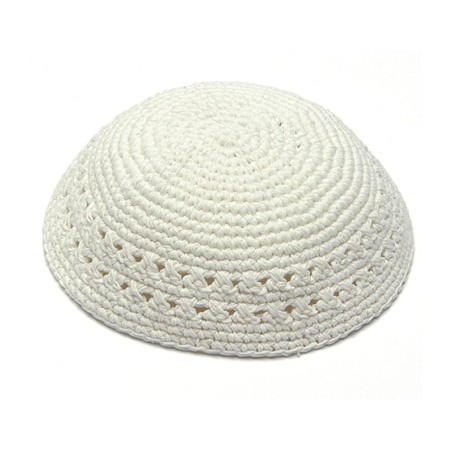 Crocheted White Knitted Kippah with Border Design | Knitted Kippah