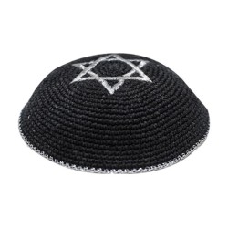 Black Knitted Kippah with Silver Star of David and... | Knitted Kippah