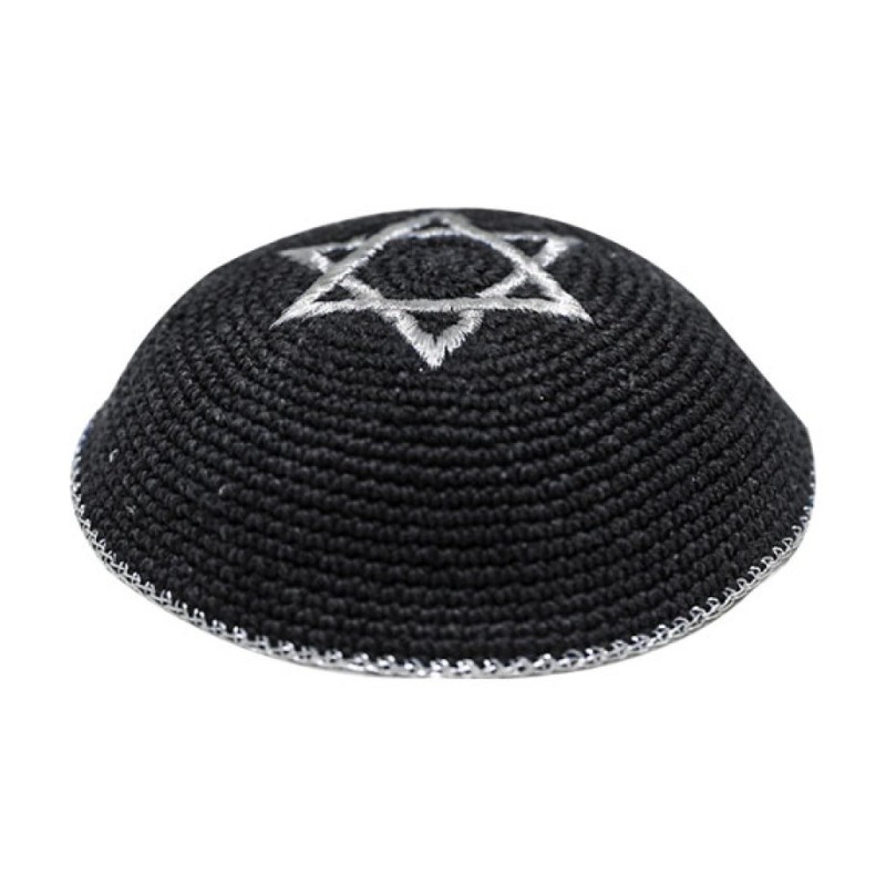 Black Knitted Kippah with Silver Star of David and... | Knitted Kippah