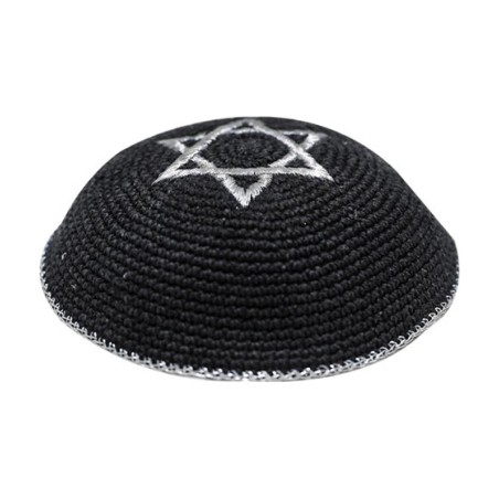 Black Knitted Kippah with Silver Star of David and... | Knitted Kippah