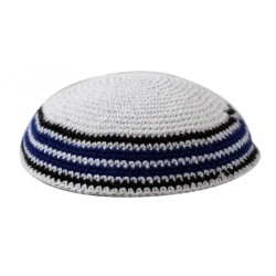 White Knitted Kippah with Blue and Black Border St... | Knitted Kippah