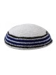White Knitted Kippah with Blue and Black Border St... | Knitted Kippah