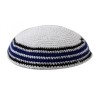 White Knitted Kippah with Blue and Black Border St... | Knitted Kippah