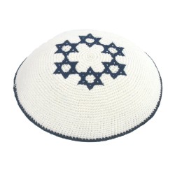 White Knitted Kippah with Dark Blue Stars of David | Knitted Kippah