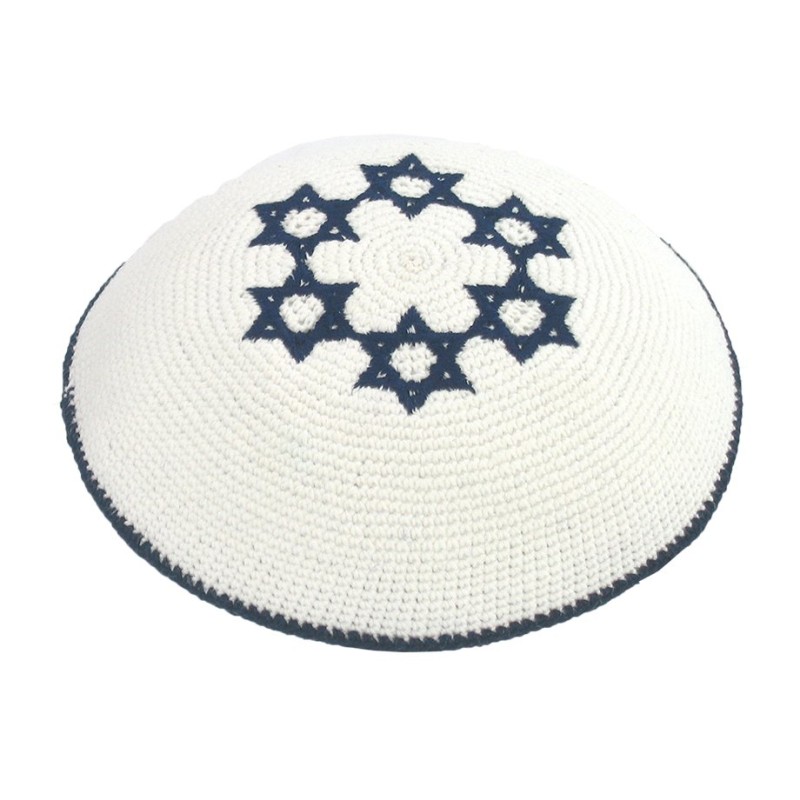 White Knitted Kippah with Dark Blue Stars of David | Knitted Kippah