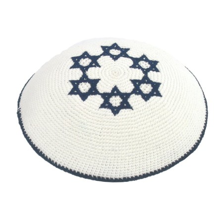 White Knitted Kippah with Dark Blue Stars of David | Knitted Kippah
