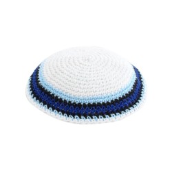 White Knitted Kippah with Blue and Light Blue Bord... | Knitted Kippah