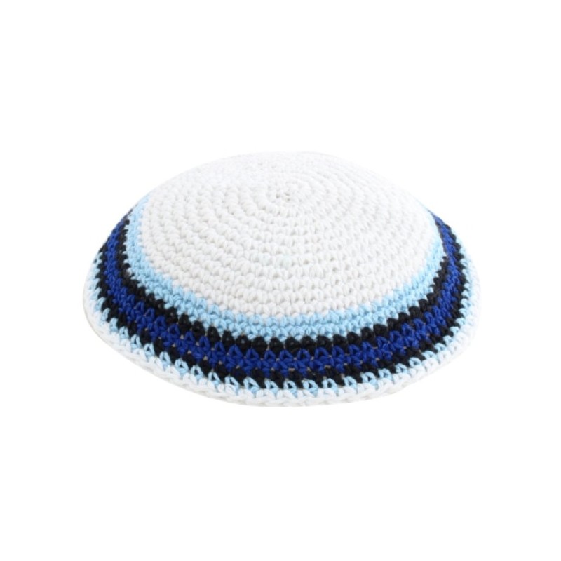 White Knitted Kippah with Blue and Light Blue Bord... | Knitted Kippah