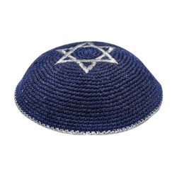 Blue Knitted Kippah with Silver Star of David | Knitted Kippah