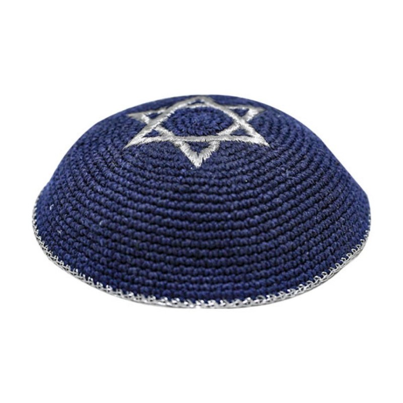 Blue Knitted Kippah with Silver Star of David | Knitted Kippah
