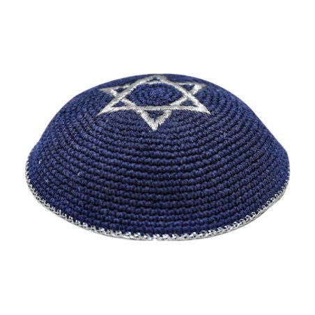 Blue Knitted Kippah with Silver Star of David | Knitted Kippah