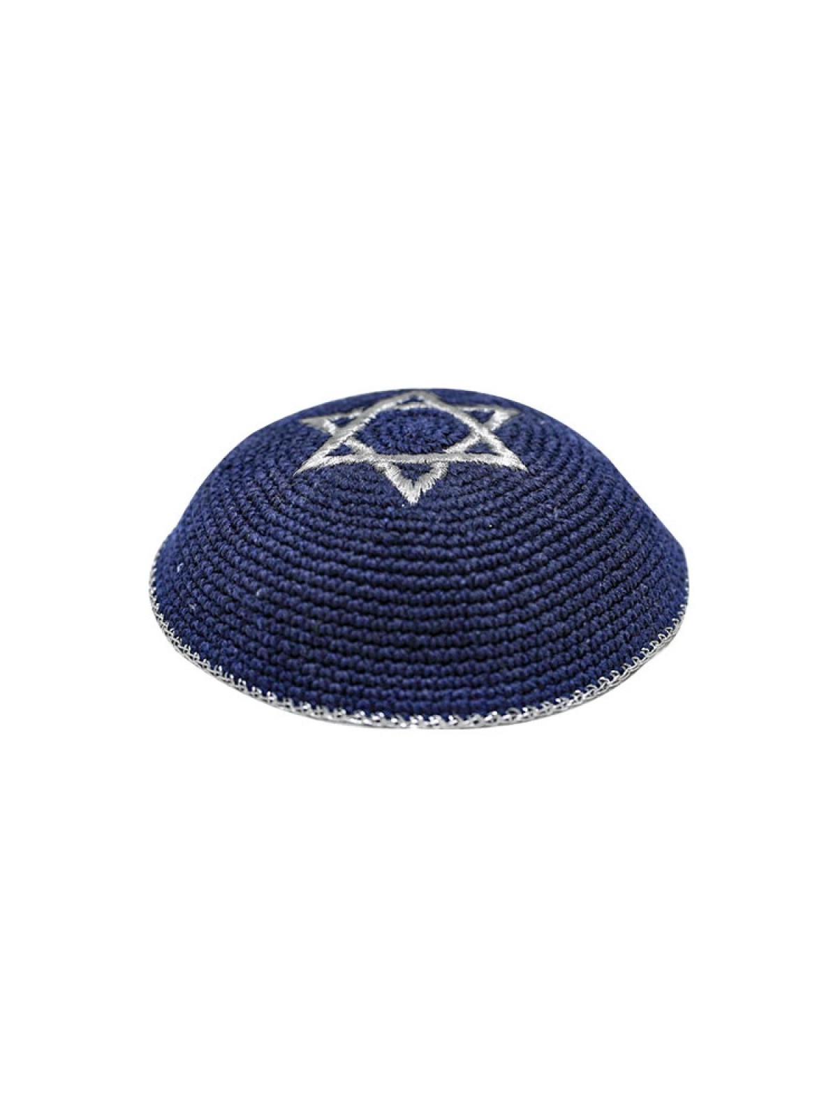 Blue Knitted Kippah with Silver Star of David | Knitted Kippah