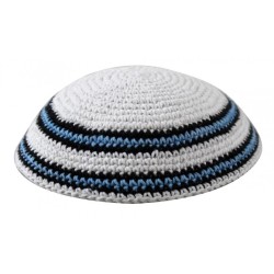 White Knitted Kippah with Blue Black and White Bor... | Knitted Kippah