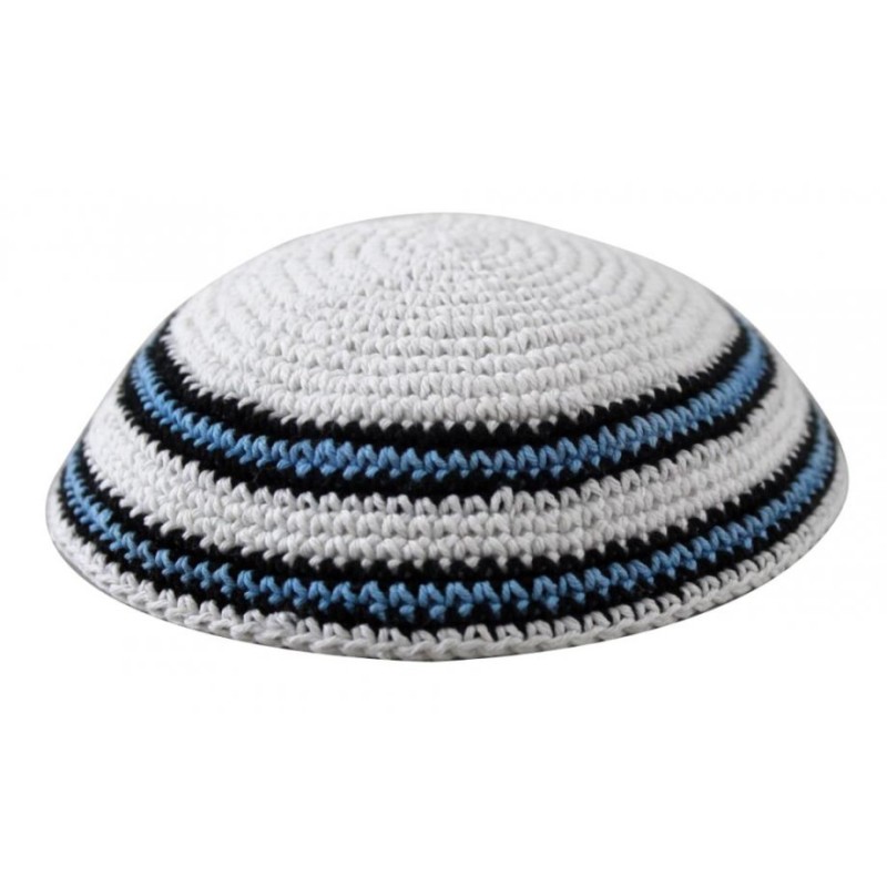 White Knitted Kippah with Blue Black and White Bor... | Knitted Kippah