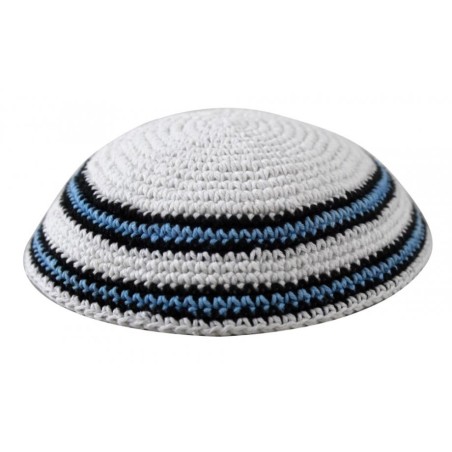 White Knitted Kippah with Blue Black and White Bor... | Knitted Kippah