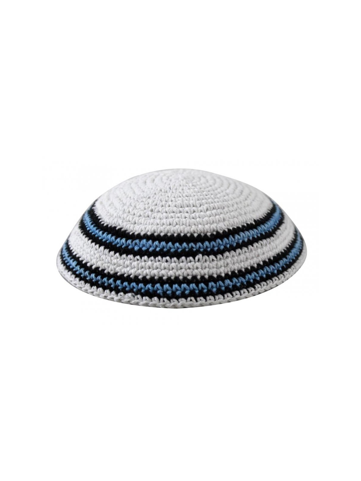 White Knitted Kippah with Blue Black and White Bor... | Knitted Kippah