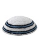 White Knitted Kippah with Blue Black and White Bor... | Knitted Kippah