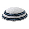White Knitted Kippah with Blue Black and White Bor... | Knitted Kippah