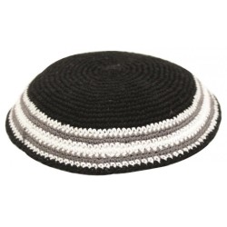 Black Knitted Kippah with Gray and White Border St... | Knitted Kippah