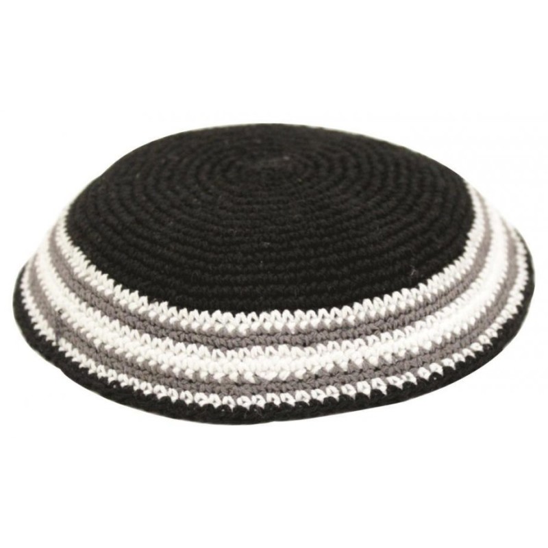 Black Knitted Kippah with Gray and White Border St... | Knitted Kippah