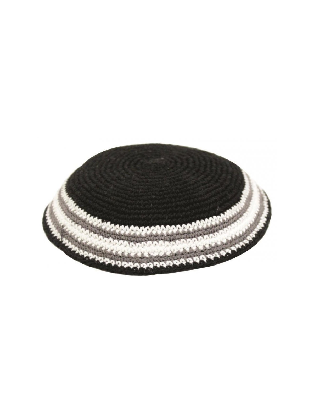 Black Knitted Kippah with Gray and White Border St... | Knitted Kippah