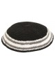Black Knitted Kippah with Gray and White Border St... | Knitted Kippah