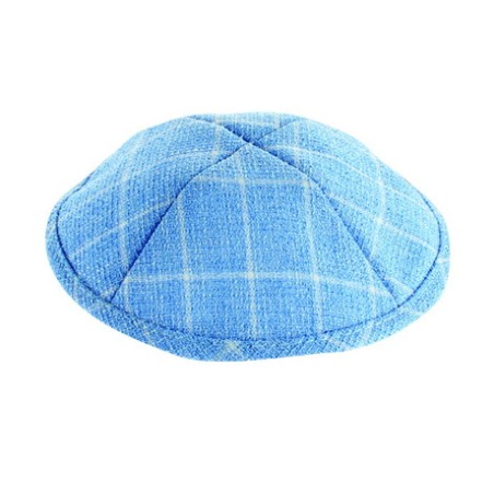 Light Blue and White Cotton Fabric Kippah %96 Checke... | Linen Kippah