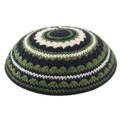 Knitted Kippah with Black Green and Beige Stripes ... | Knitted Kippah