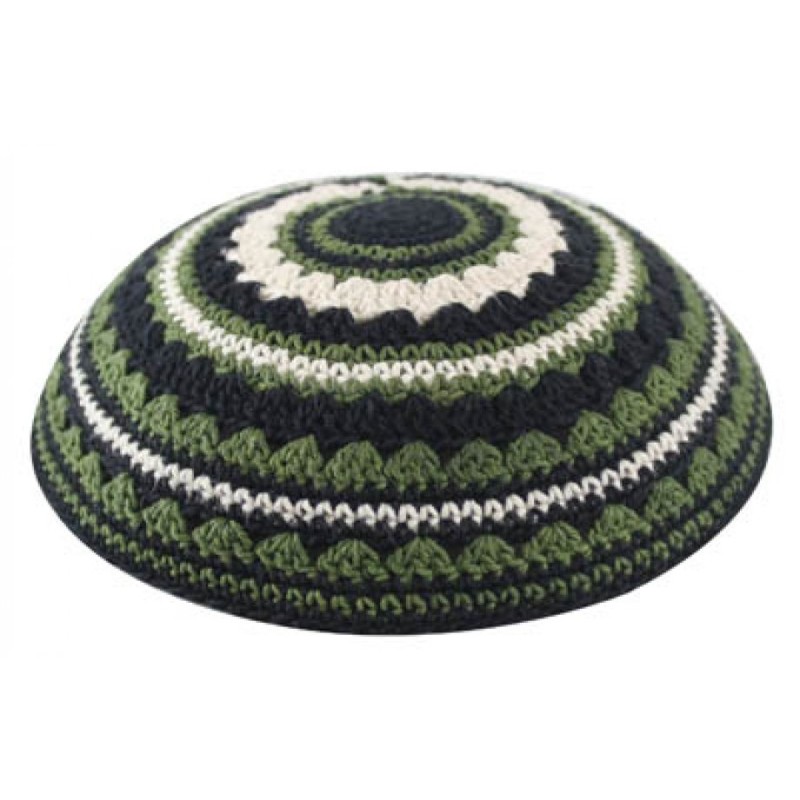 Knitted Kippah with Black Green and Beige Stripes ... | Knitted Kippah