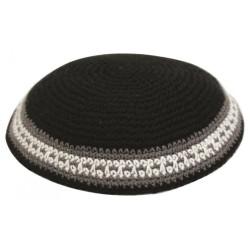 Black Knitted Kippah with Brown and White Border S... | Knitted Kippah