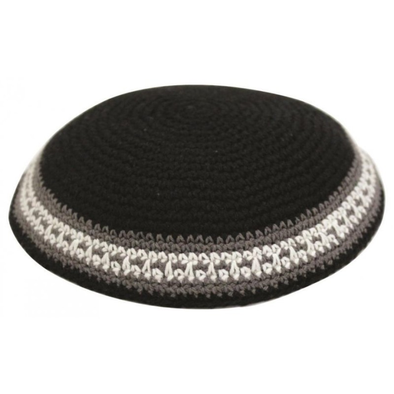 Black Knitted Kippah with Brown and White Border S... | Knitted Kippah