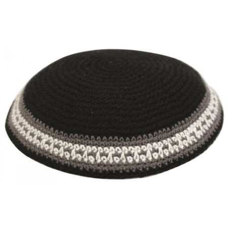 Black Knitted Kippah with Brown and White Border S... | Knitted Kippah