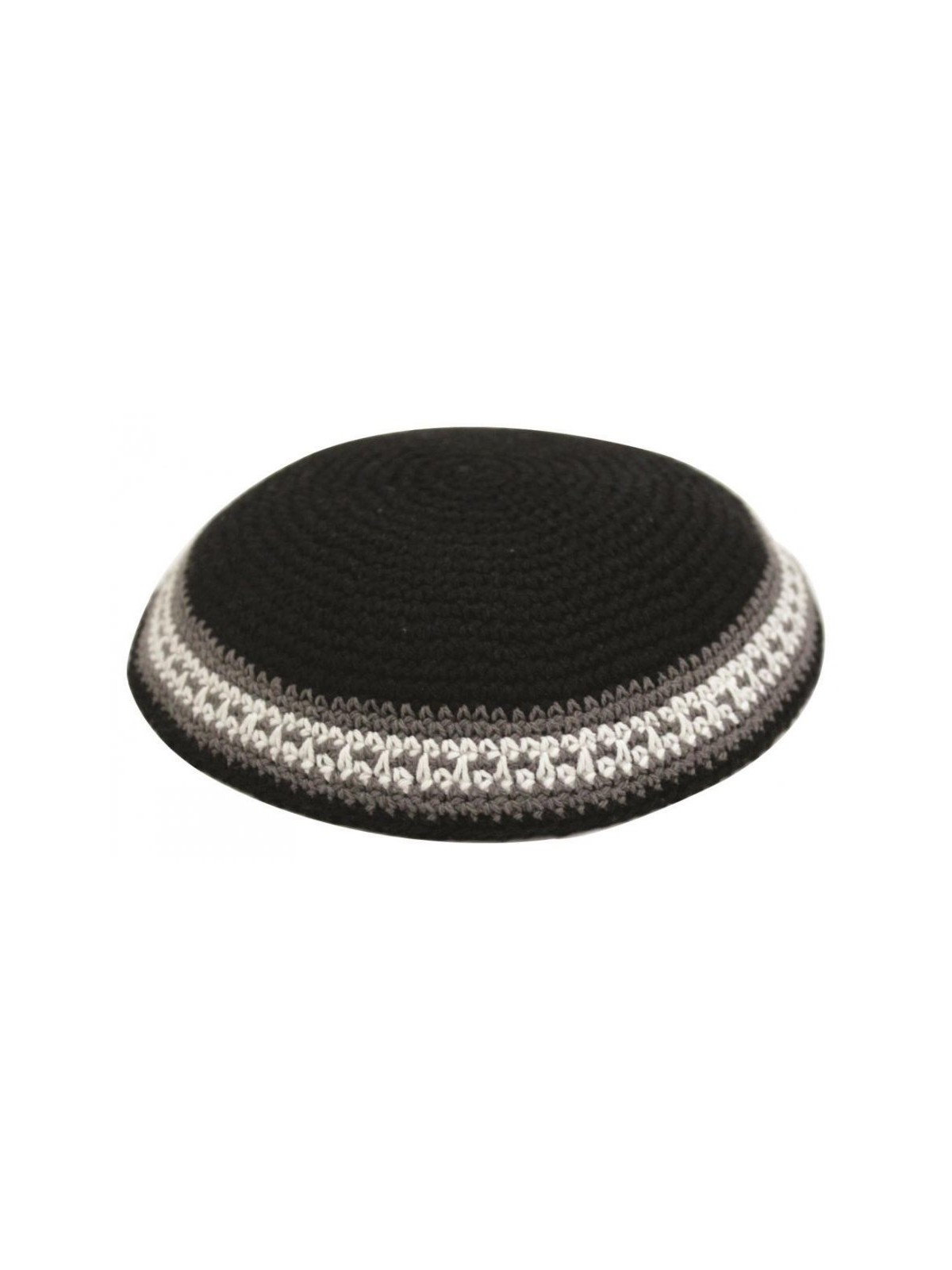Black Knitted Kippah with Brown and White Border S... | Knitted Kippah