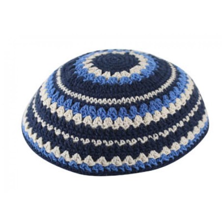 Knitted Kippah with Blue Light Blue and Beige Stripes | Knitted Kippah