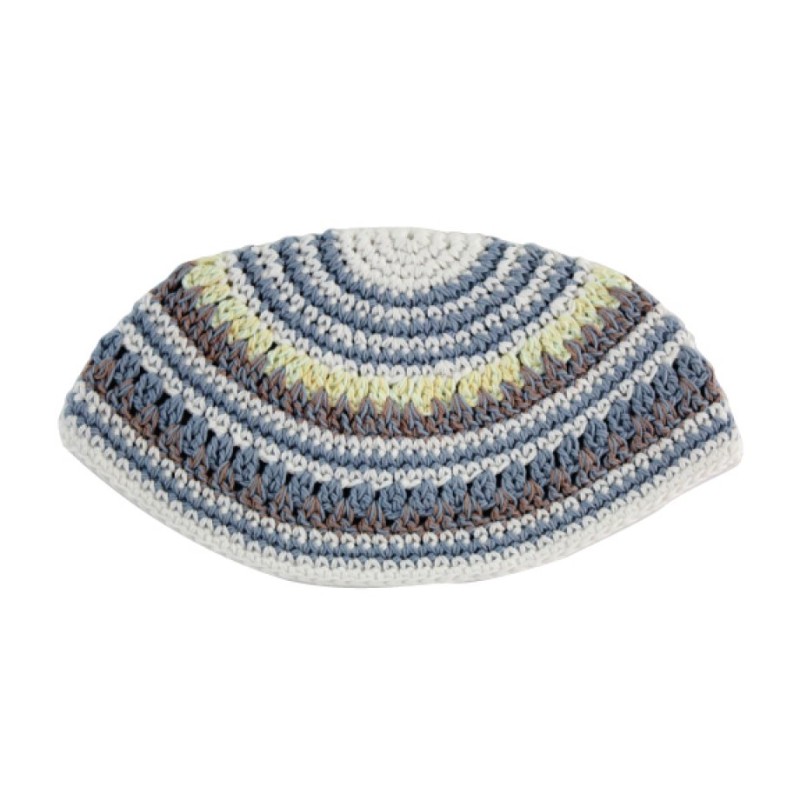 Frik Kippah %96 Thick Crocheted Weave of White Blue G... | Frik Kippah