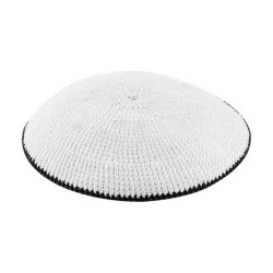 White DMC Knitted Kippah with Thin Black Border St... | Knitted Kippah