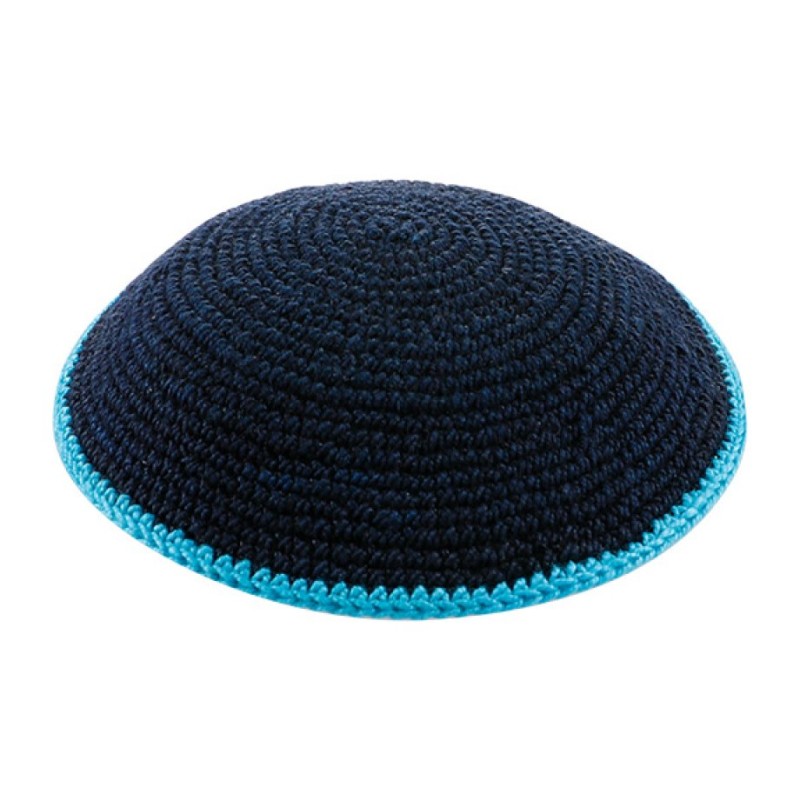 Dark Blue DMC Knitted Kippah with Light Blue Borde... | Knitted Kippah
