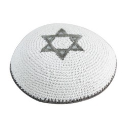 White Knitted Kippah with Silver Star of David | Knitted Kippah