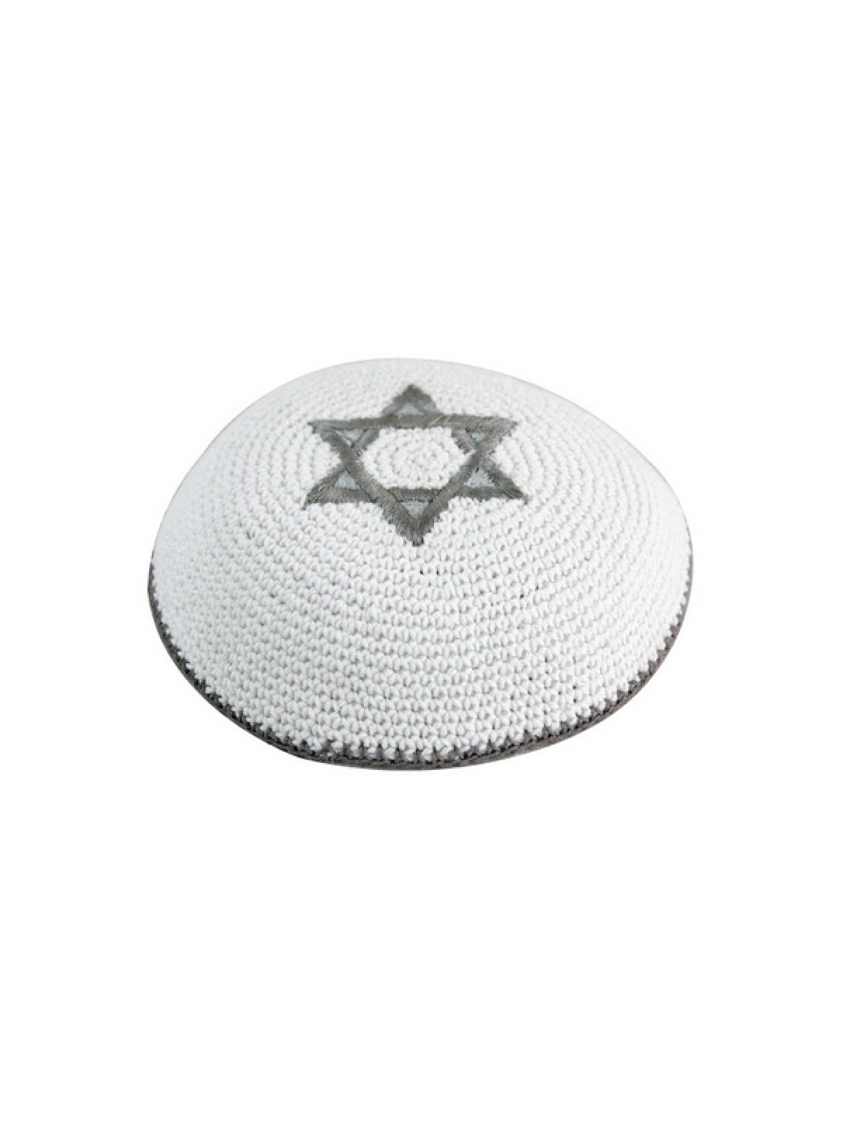 White Knitted Kippah with Silver Star of David | Knitted Kippah