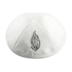 White Suede Kippah with Breslav Flames Image My Fire... | Linen Kippah
