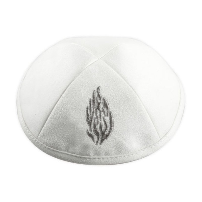 White Suede Kippah with Breslav Flames Image My Fire... | Linen Kippah